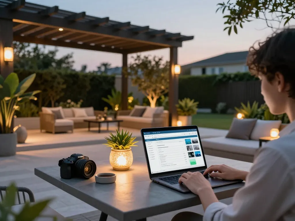 Configurazione della gestione dei contenuti delle pergole (CMS) in un elegante patio all'aperto con illuminazione ambientale ed elementi decorativi.