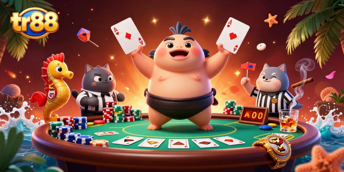 Experience thrilling poker action with tr88, as a fugu matches wits under sea with vibrant gambling elements.