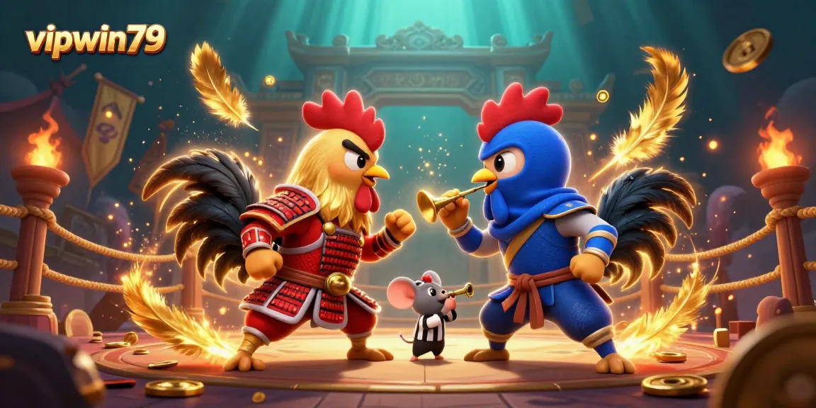 Engaging in epic battles at vipwin79 with samurai and ninja roosters, golden feathers flying in vibrant gameplay
