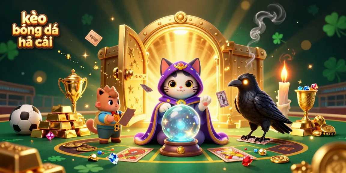 Engage in exciting betting with kèo bóng đá nhà cái featuring a mystical cat, raven, and gold treasures.