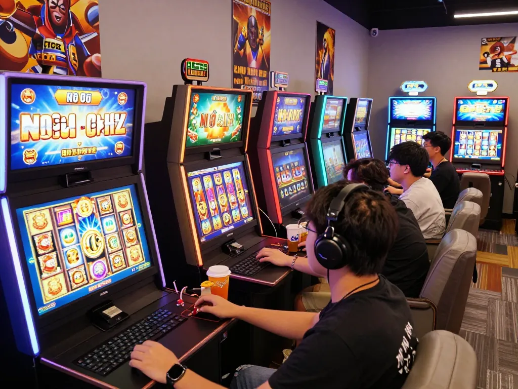 Exciting nổ hũ đổi thưởng gaming scene with diverse players enjoying themed slot machines online, vibrant atmosphere.