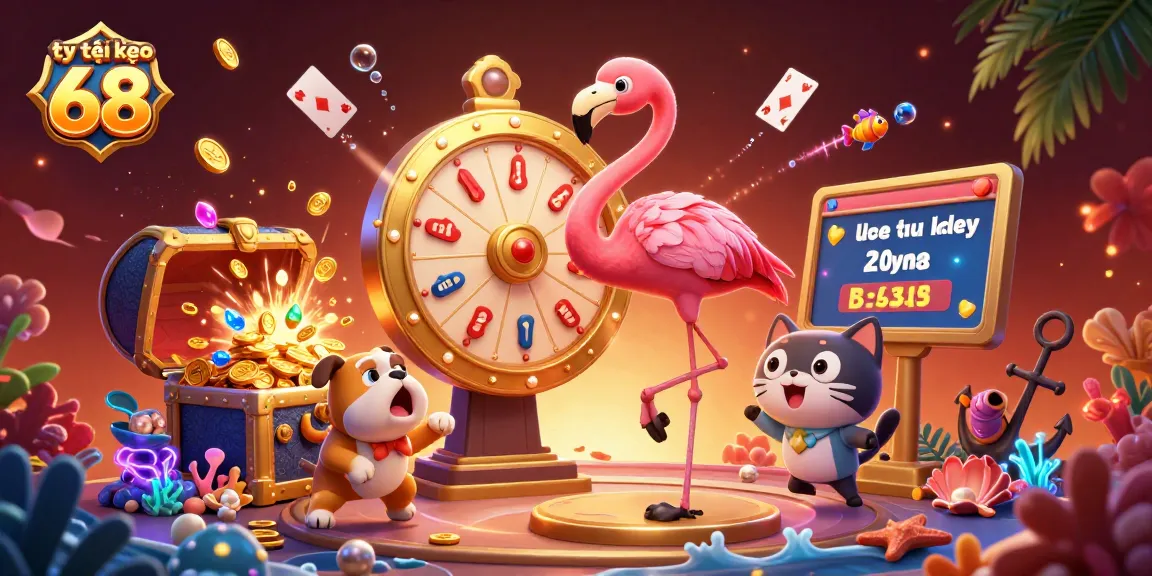 Engage with tỷ lệ kèo 68 in an exciting game show scene featuring a flamingo, bulldog, and cat, surrounded by treasures and vibrant elements.