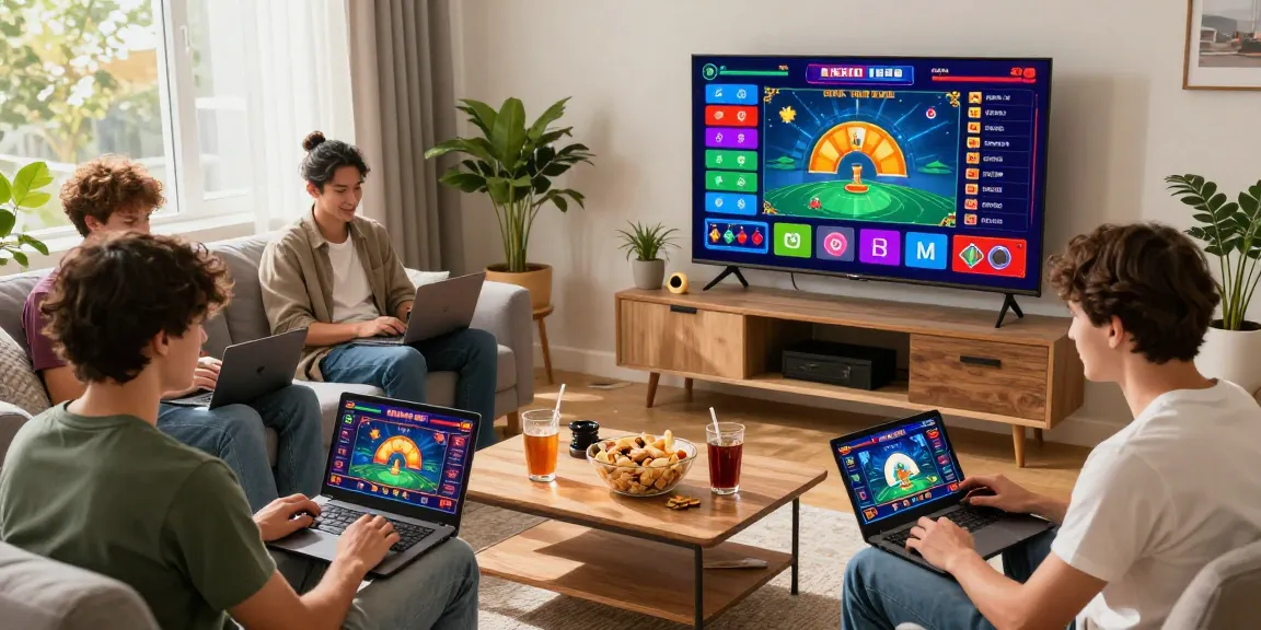 Giocatori entusiasti che si divertono con giochi di nuovi casinò non AAMS in un accogliente soggiorno con grafiche vivaci e snack.