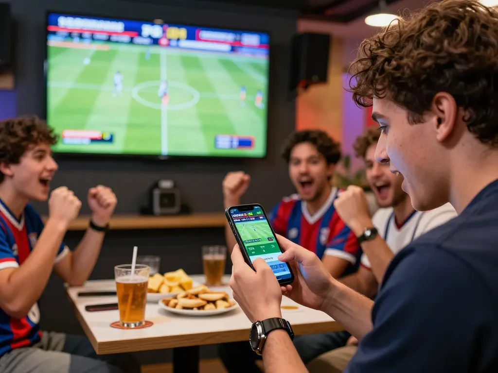 Enthusiastic sports bettor placing a bet on SBOBET app during a live event with friends, showcasing the excitement of in-play betting.