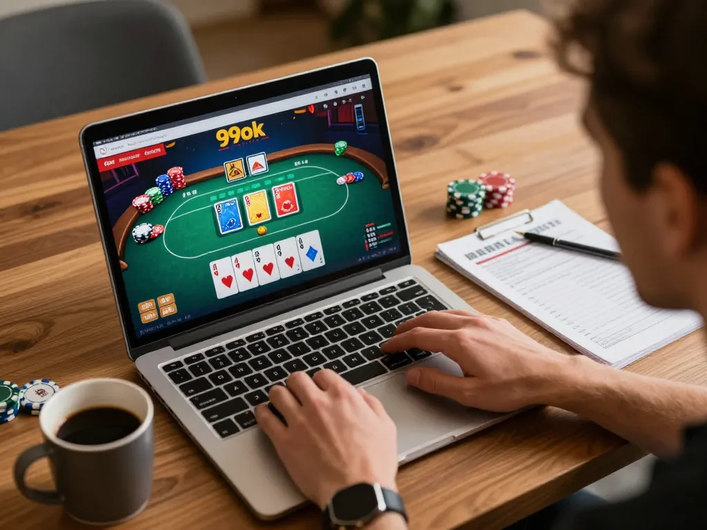 Engaging with the 99ok casino platform, showcasing a player with strategy notes in a cozy setting.