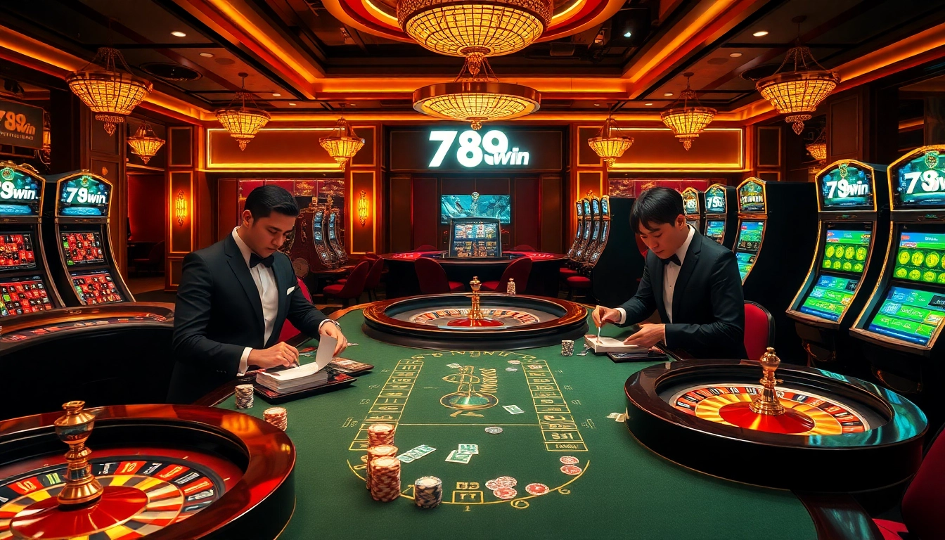 Experience thrilling gameplay at 789win's luxurious casino with vibrant poker tables and roulette wheels.