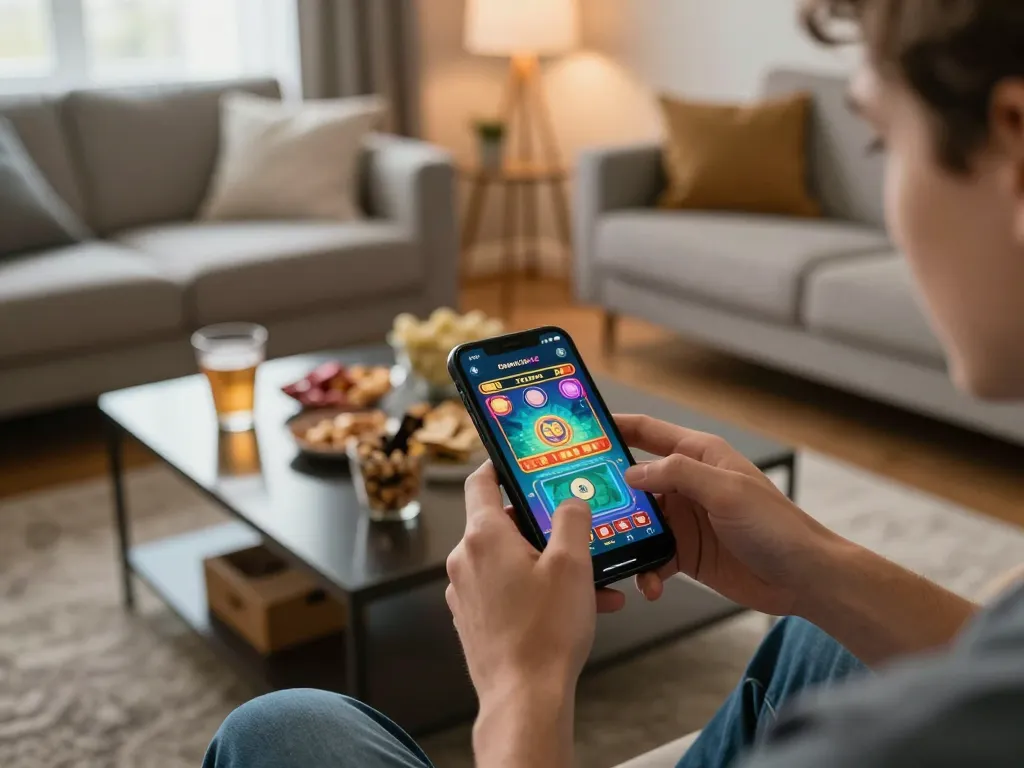 Engaging with the lc88 trang chủ online casino app, showcasing a vibrant smartphone gaming session in a cozy home setting.