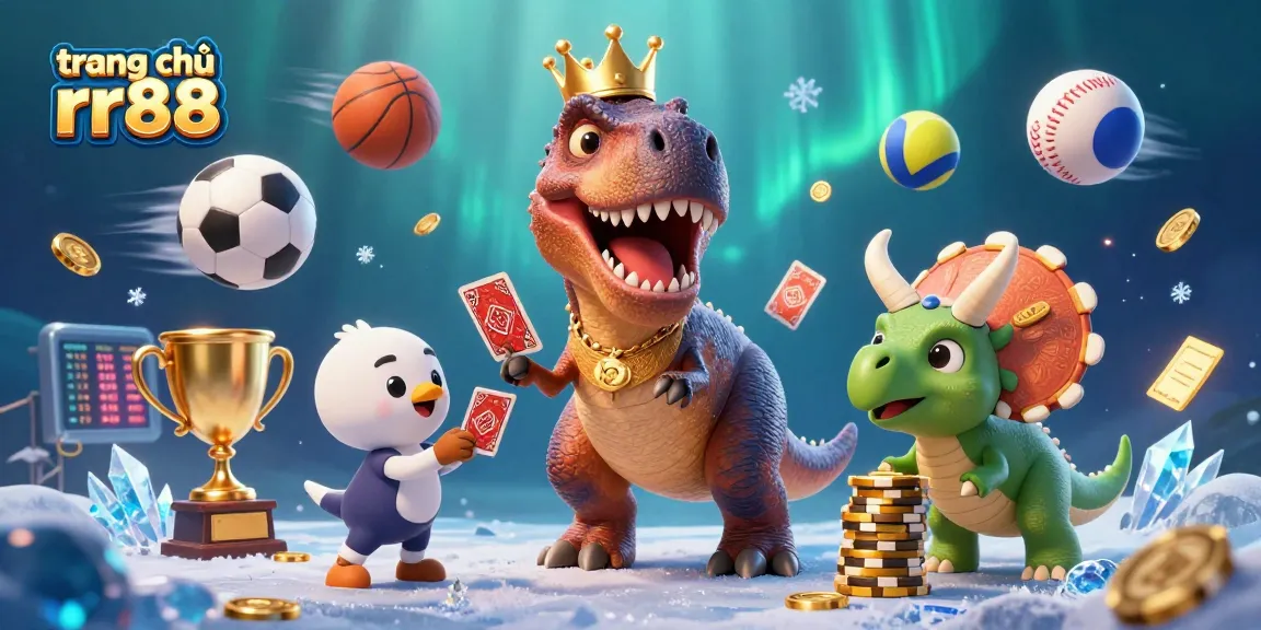 Experience thrilling action at trang chủ rr88 with a T-Rex dealing cards in a vibrant casino scene.