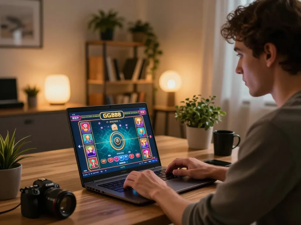 Engaging with GG888 on a laptop in a cozy home office, showcasing the thrill of online gambling.