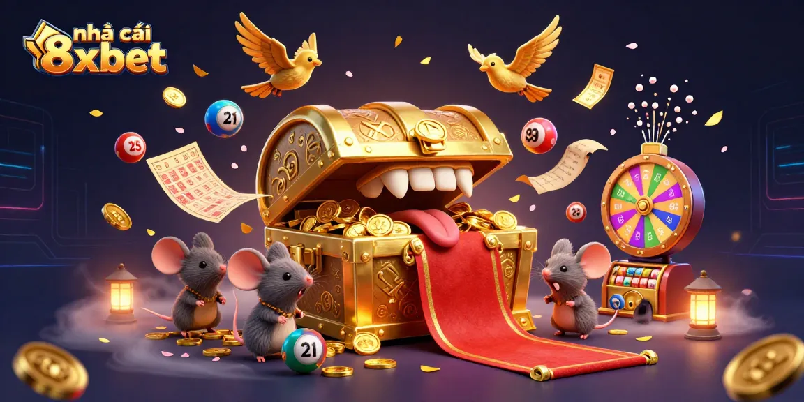 Experience the excitement at nhà cái 8xbet with vibrant lottery elements and treasure-chasing mice in a dynamic scene.