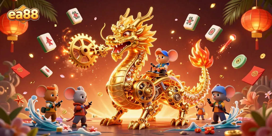 Experience the thrill of ea88 with a golden dragon breathing gears in a vibrant casino scene.
