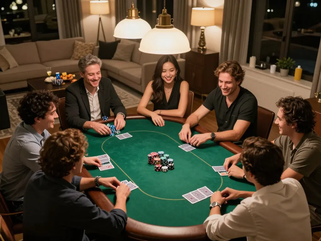 Players enjoying an exciting home poker night, engaging in friendly competition with tubidy music playing in the background.