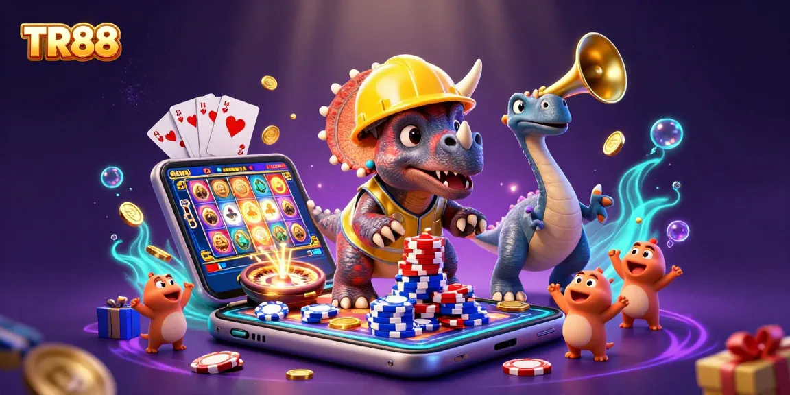 TR88 showcases a vibrant casino scene with a triceratops building poker chips amidst dynamic gaming elements.