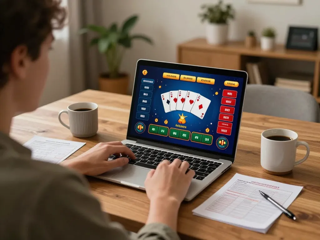 X88 online gambling player enjoying poker on a laptop with strategy notes and cozy ambiance.