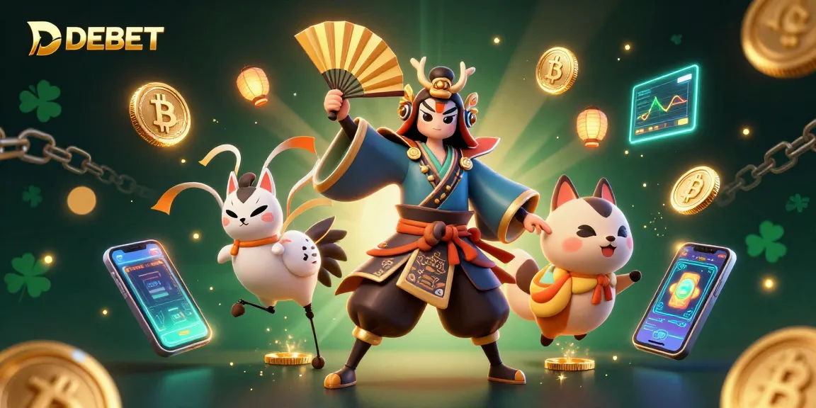 Engage in DEBET's vibrant casino world with a kabuki warrior, NFTs, and crypto elements.