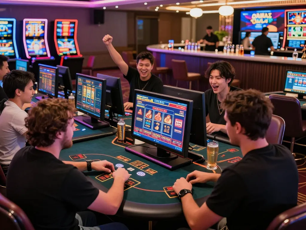Players enjoying thrilling online gaming at TT88 casino, showcasing vibrant digital devices.