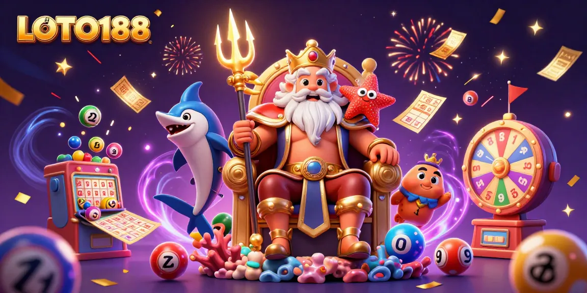 LOTO188 lottery game illustration featuring Neptune surrounded by colorful elements and confetti.