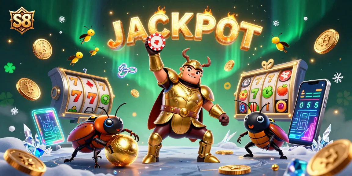 Engage with S8 casino excitement as a victorious beetle lifts a poker chip amidst vibrant gaming elements.