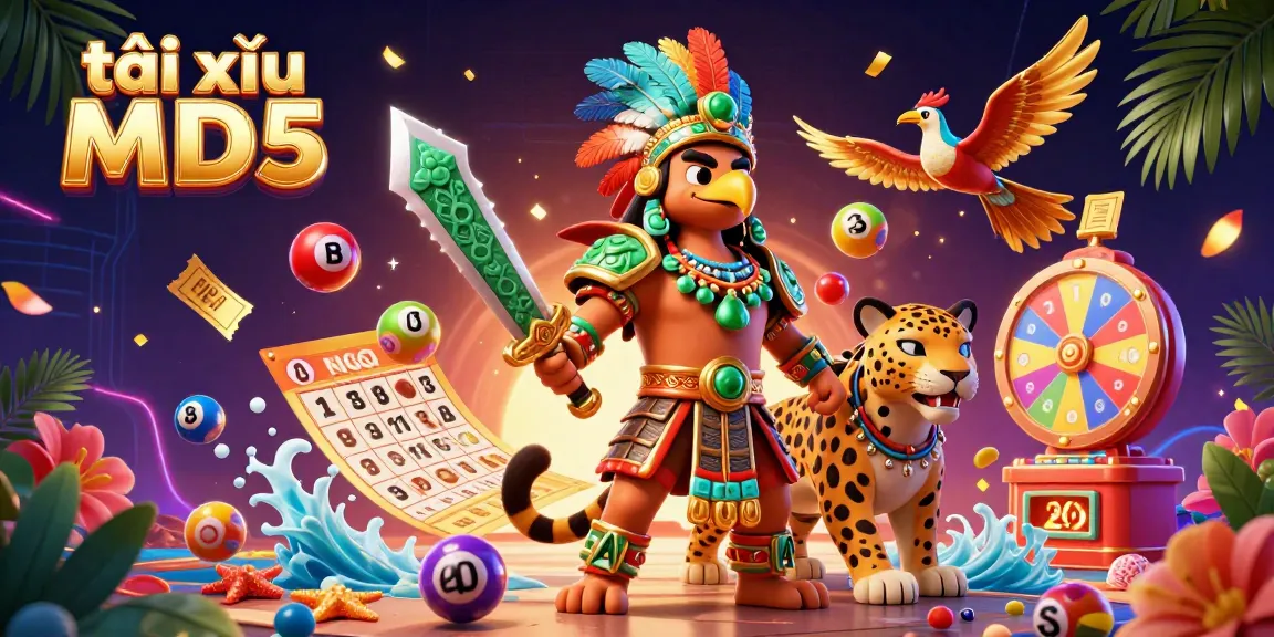 Engage with tài xỉu MD5 as an Aztec warrior battles for victory amid colorful gaming elements and a rich, dynamic casino environment.