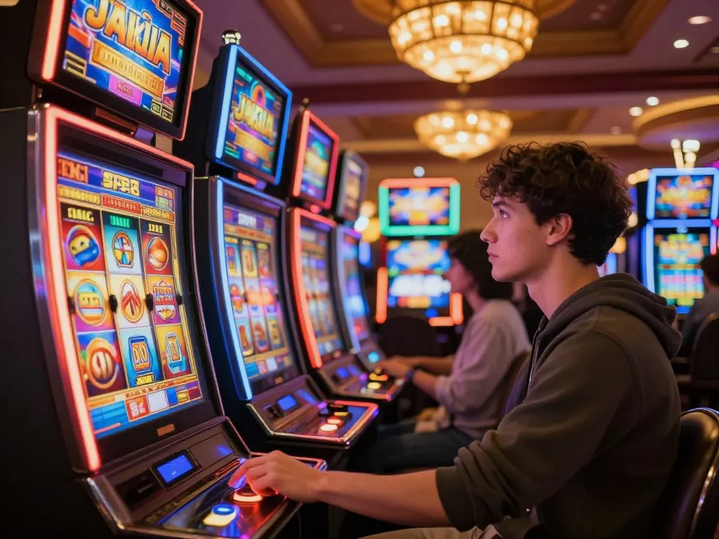 Player engaging with raja slot machines, pressing spin button amidst vibrant casino lights and excitement.