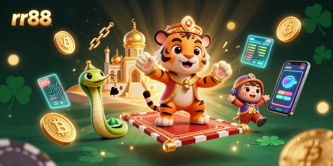 Experience thrilling adventures with rr88's vibrant online casino illustrated scene, showcasing exciting game elements.