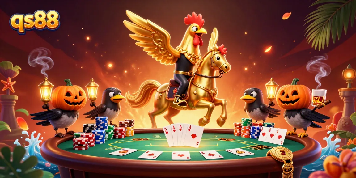 Experience the excitement of qs88 casino with golden rooster riding a spectral horse amidst vibrant games.