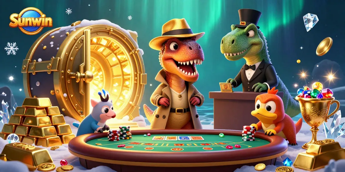 Attractive Sunwin illustration of a velociraptor card counter amidst a vibrant casino scene with gold treasures.