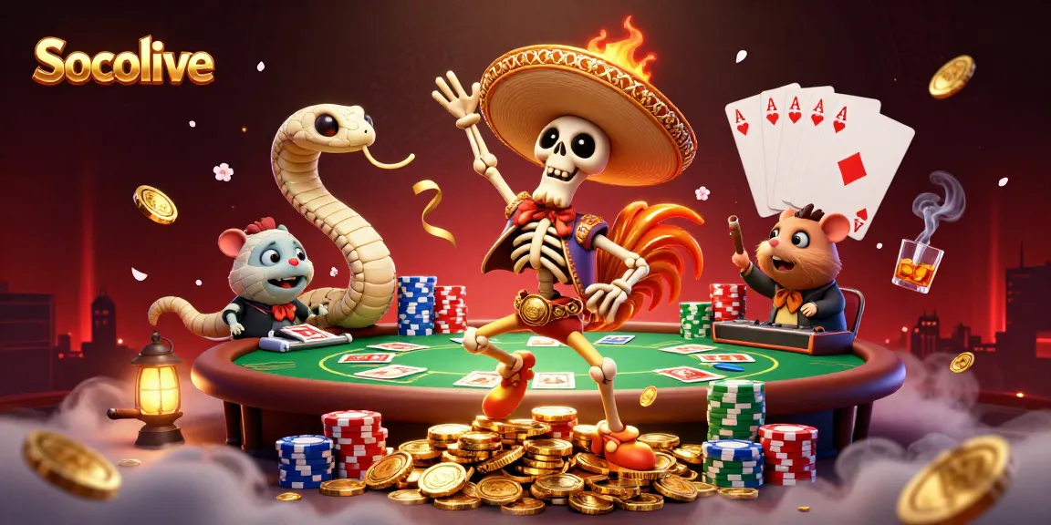 Socolive offers dynamic gambling action with vibrant characters showcasing poker excitement on golden coins.
