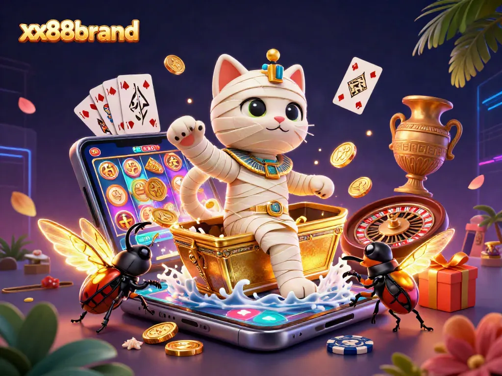 Experience thrill at xx88brand with an Egyptian mummy cat and glowing scarab in a vibrant casino.