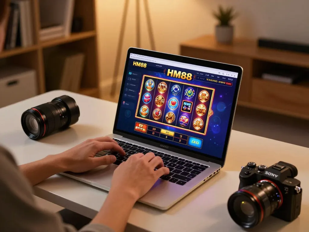 Engaging scene of a player navigating the HM88 casino interface on a laptop, showcasing online gambling strategies.