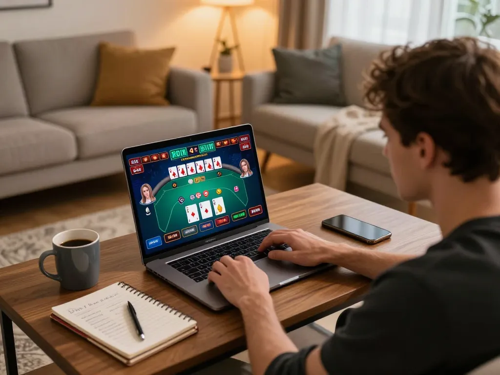 Engaged in online gaming, đại lý mm88 player interacting with live dealer game interface from a cozy home setting.