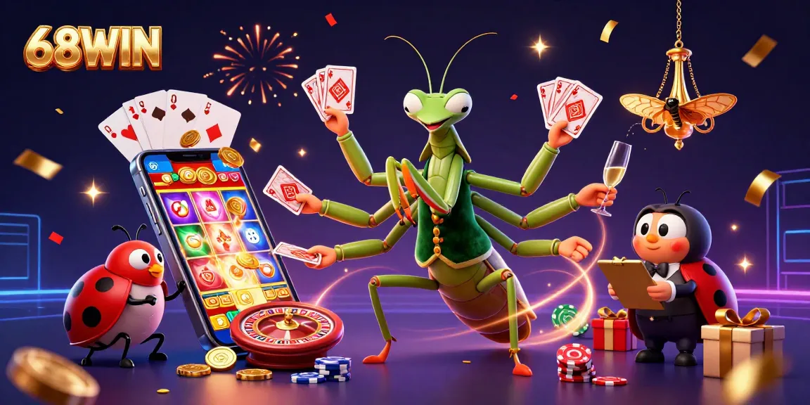 Experience the excitement of 68WIN's casino with a dynamic 3D illustration featuring vibrant characters and games.