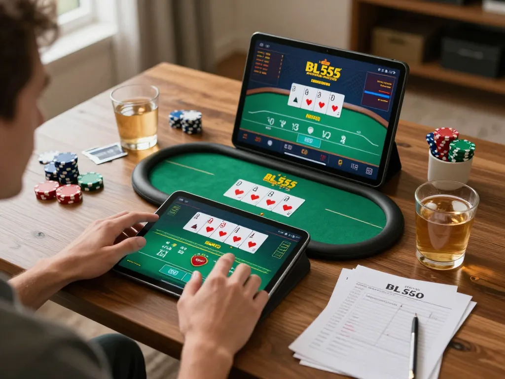 Player enjoying online gaming at nhà cái BL555 on a tablet, with poker game interface shown
