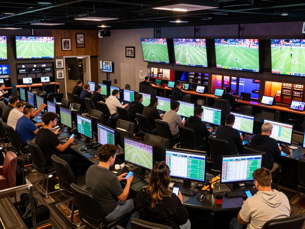 Engaged bettors analyzing tỷ lệ kèo nhà cái during live sports events in a modern sportsbook.