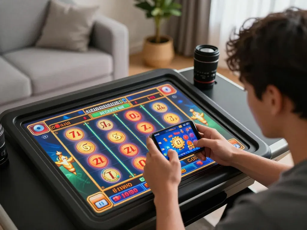 Engaging player enjoying a slot game on smartphone at home, highlighting au88 com gaming experience.