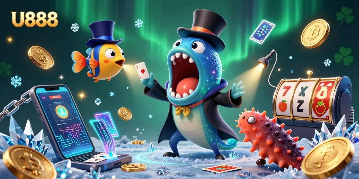 U888 players enjoy magical card tricks and crypto elements in this vibrant casino illustration.