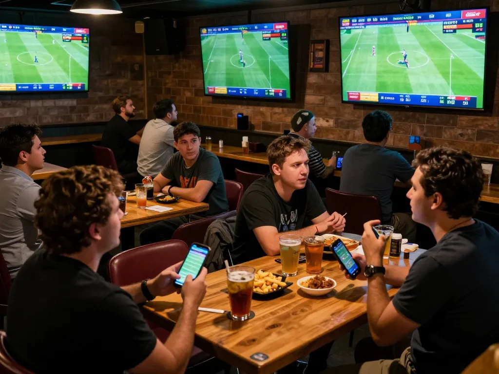 Engaged sports enthusiasts checking kết quả bóng đá at a lively bar, showcasing excitement and social gambling atmosphere