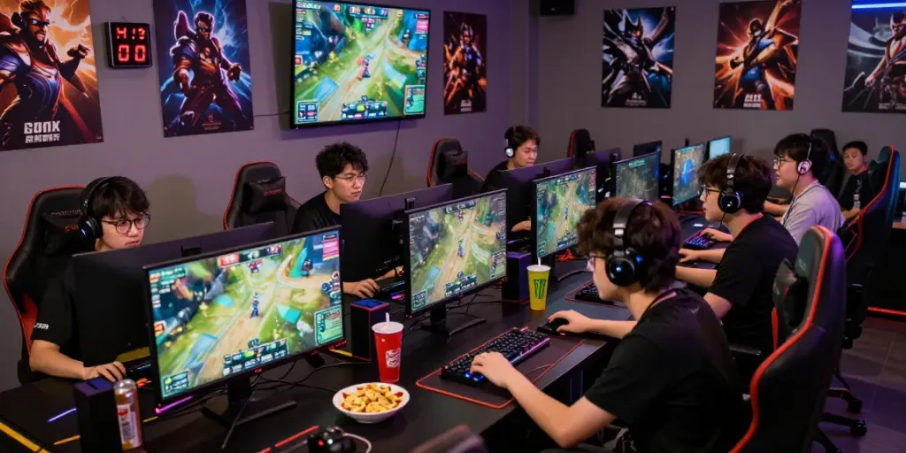 Intense gaming session at rokok88 esports lounge with competitive players and vibrant atmosphere.