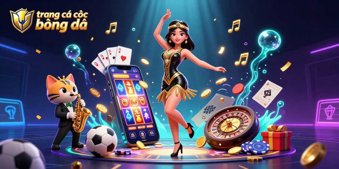 Engage in sports betting with trang cá cược bóng đá as a stunning woman dances alongside playful characters and vibrant casino elements.
