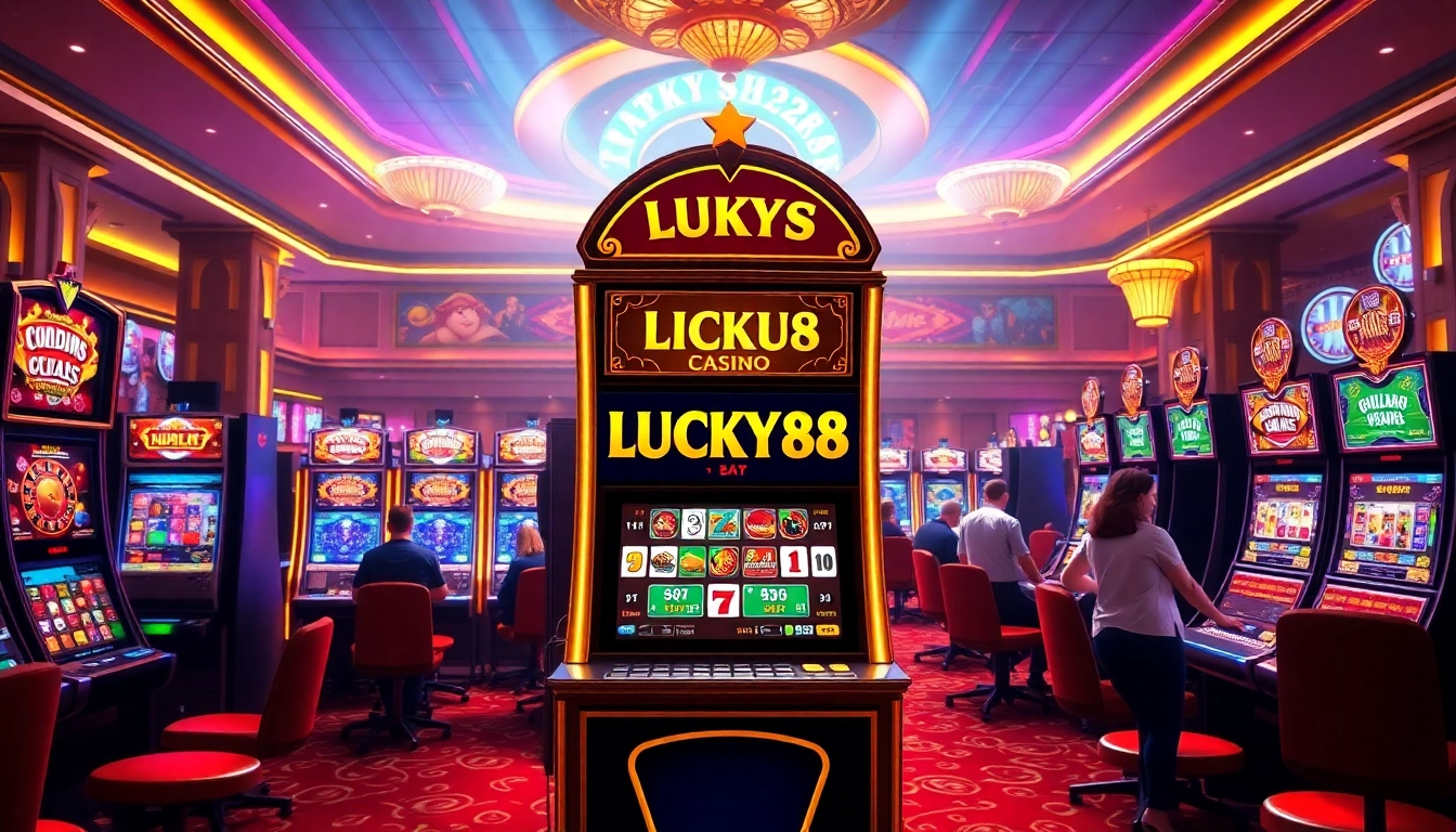 Engage with the LUCKY88 slot machine in a lively casino environment, showcasing excitement and luxury.