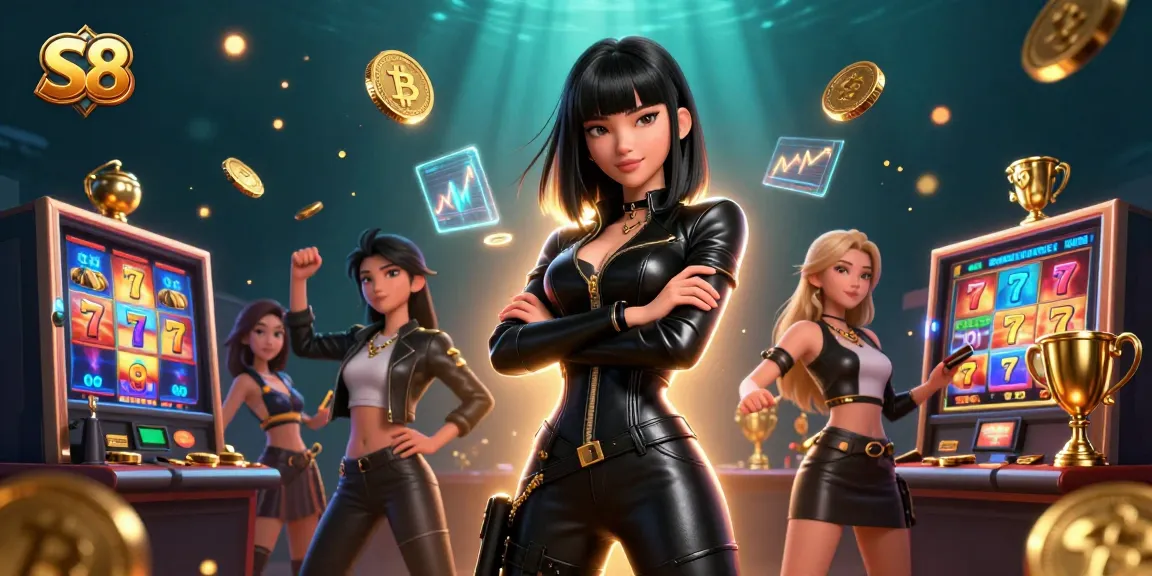 Gamble and win big at S8 with engaging slot machines and vibrant golden coins.