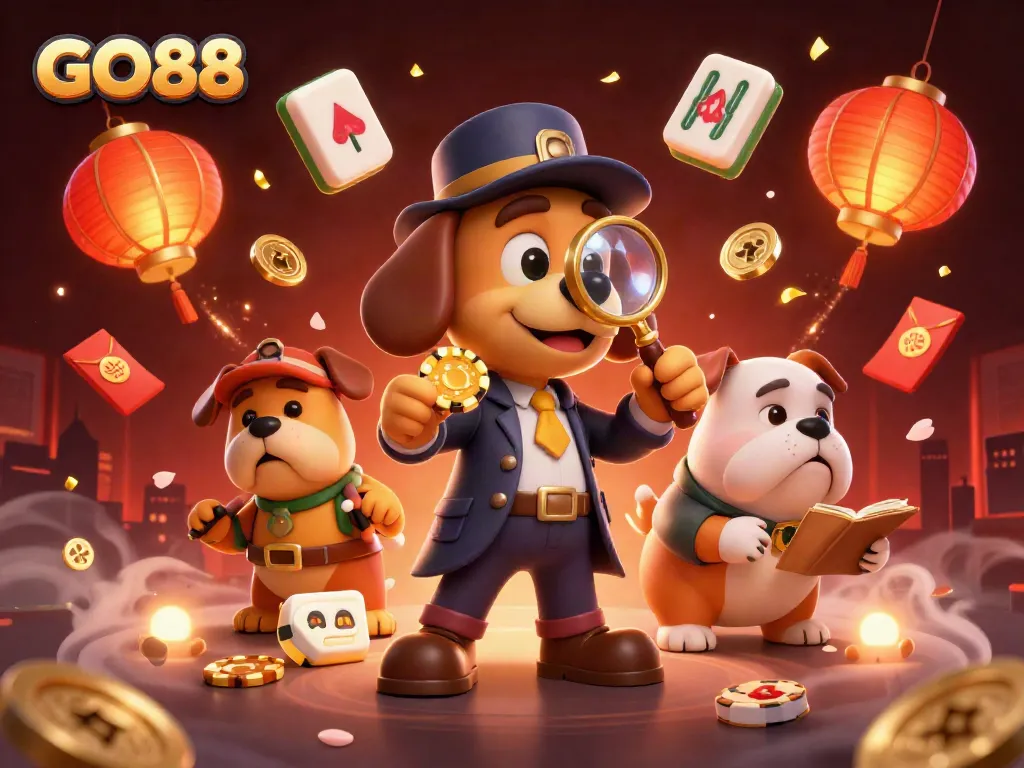 Engage with GO88 as a detective duo uncovers treasure clues amidst vibrant casino elements.