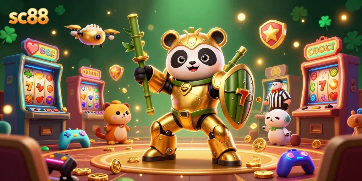 Play to win with sc88 in a vibrant casino arcade filled with slot machines and energetic characters.