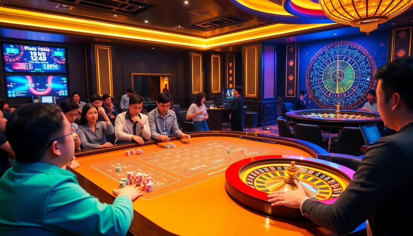 Players enjoying the excitement of tài xỉu md5 at a luxury casino table while cheering for their rolls.