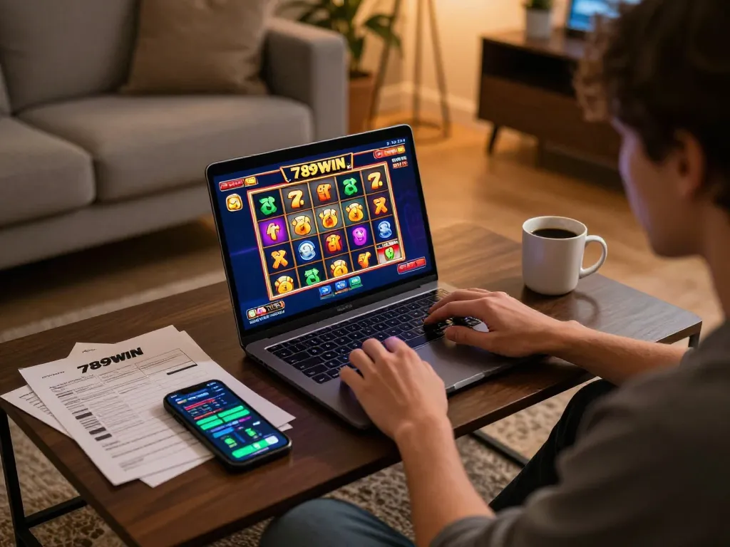 Person enjoying online 789WIN slots in a cozy living room with warm lighting and strategy notes.