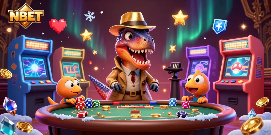 NBET gaming scene with a velociraptor card counter, surrounded by colorful casino elements.
