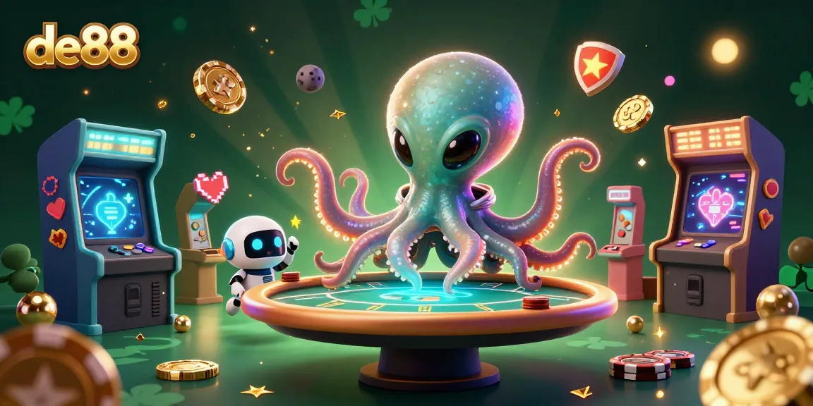 Play thrilling games at de88, featuring an alien octopus at a holographic poker table amid vibrant casino elements.