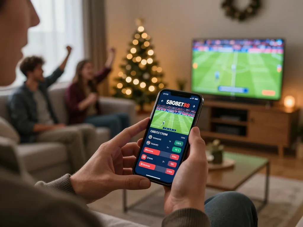 Kegembiraan taruhan olahraga SBOBET88 saat pengguna memasang taruhan di smartphone selama pertandingan sepak bola langsung