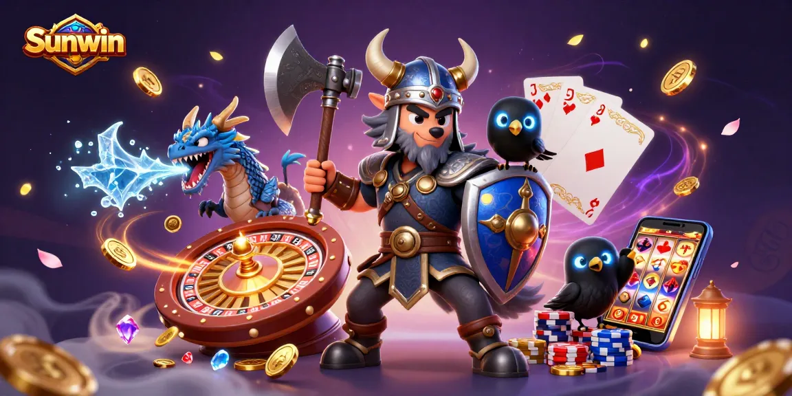 Spin to win with Sunwin: A dynamic casino scene showcasing a Viking wolf warrior, fierce dragon, and glowing raven.