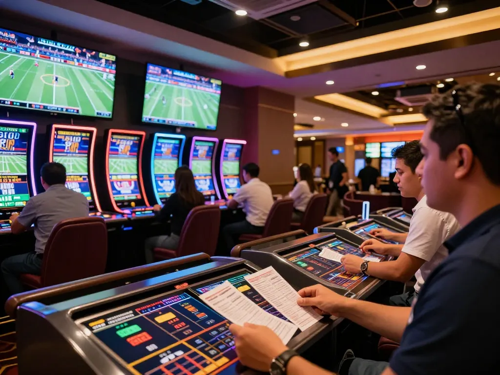 OnBet sports betting atmosphere with enthusiastic bettors and vibrant screens.